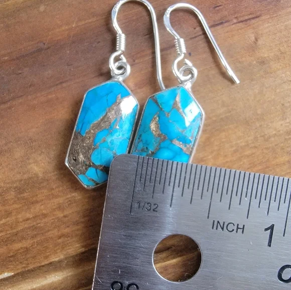 Sterling Silver Coper Turquoise  Dangle Earrings 925 Jewelry Womens Boho Style - Picture 2 of 4